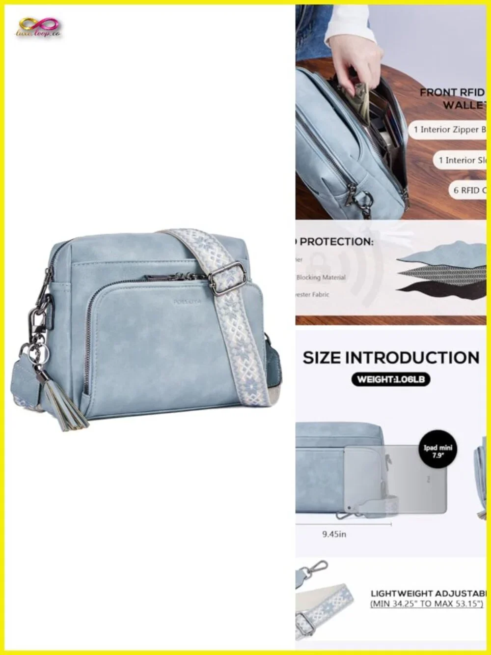 Vegan Leather Crossbody Bag with RFID Wallet, Medium Multi-Pocket Purse